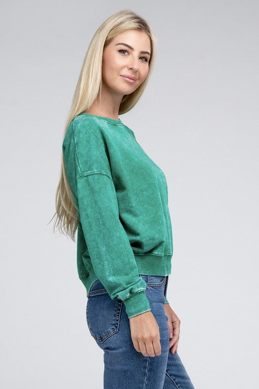 French Terry Acid Wash Boat Neck Pullover - Zenana