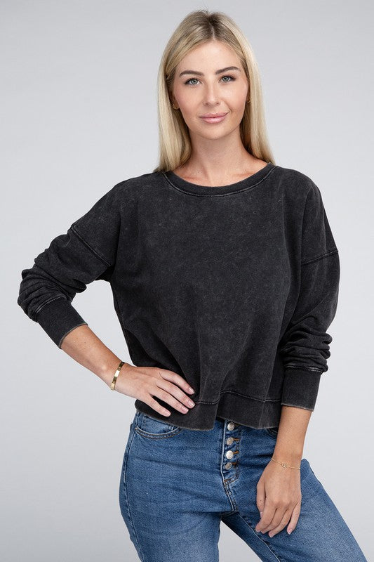 French Terry Acid Wash Boat Neck Pullover - Zenana