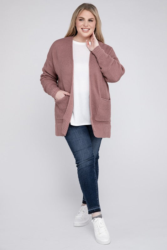 Plus Low Gauge Waffle Open Cardigan Sweater - Zenana