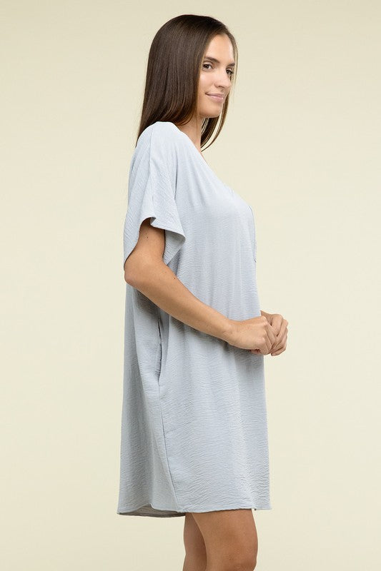 Woven Airflow V Neck T-Shirt Dress with Pockets - Zenana