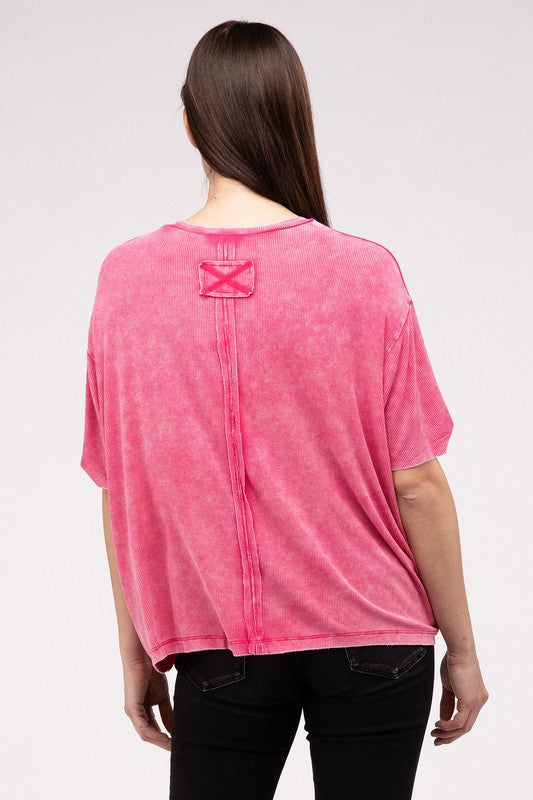 Washed Ribbed Cuffed Short Sleeve Round Neck Top - Zenana
