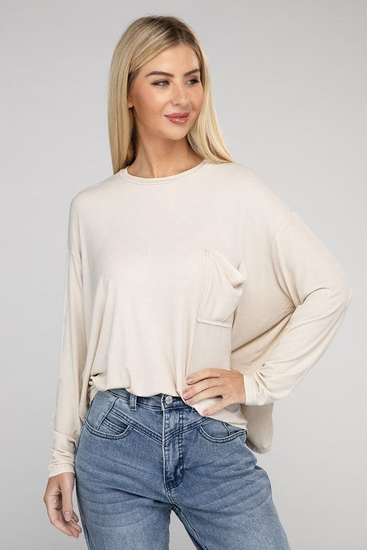 Washed Ribbed Dolman Sleeve Round Neck Top - Zenana