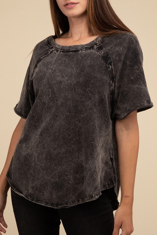 Back Patch Crinkle Washed Raglan Sleeve T-Shirt - Zenana