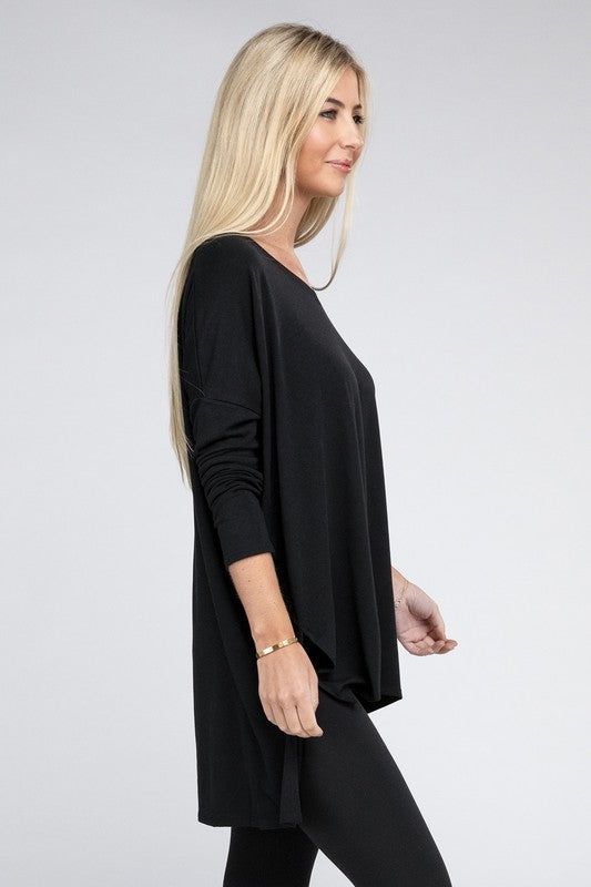 Dolman Long Sleeve V-Neck Side Slit Hi-Low Hem Top - Zenana