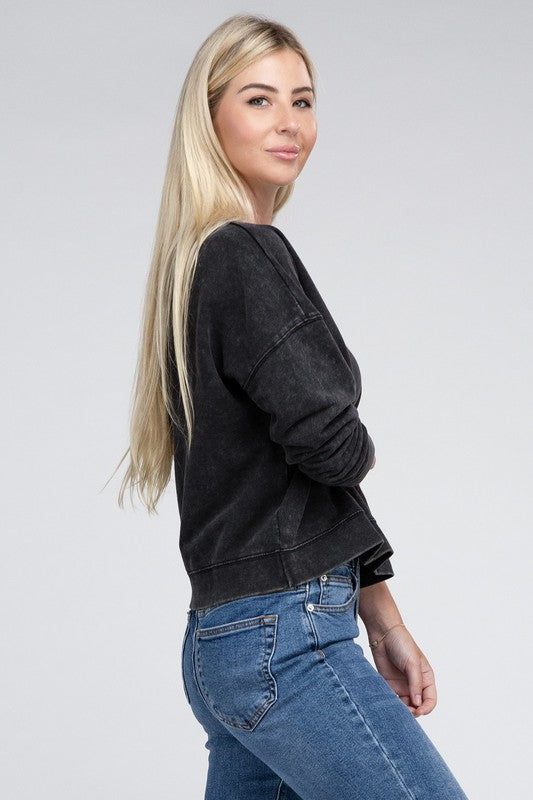 French Terry Acid Wash Boat Neck Pullover - Zenana