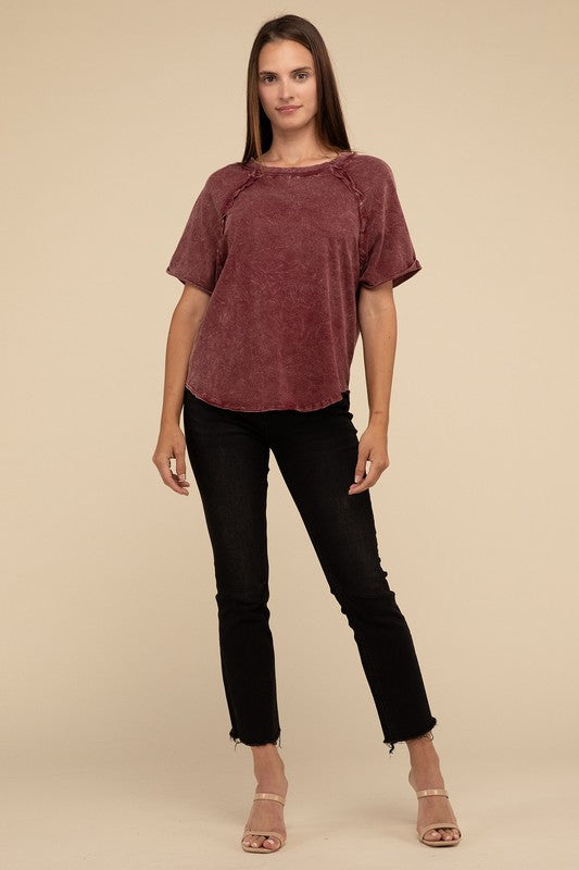 Back Patch Crinkle Washed Raglan Sleeve T-Shirt - Zenana