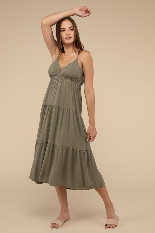 Woven Sweetheart Neckline Tiered Cami Midi Dress - Zenana