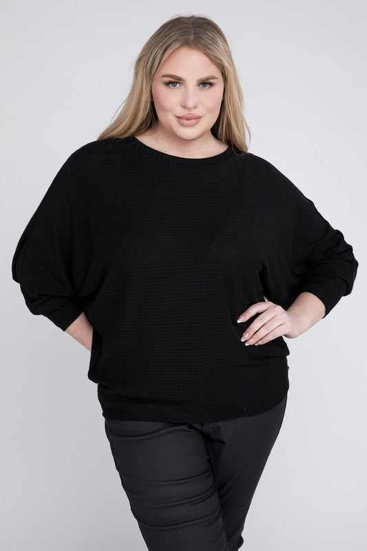Plus Ribbed Batwing Long Sleeve Boat Neck Sweater - Zenana