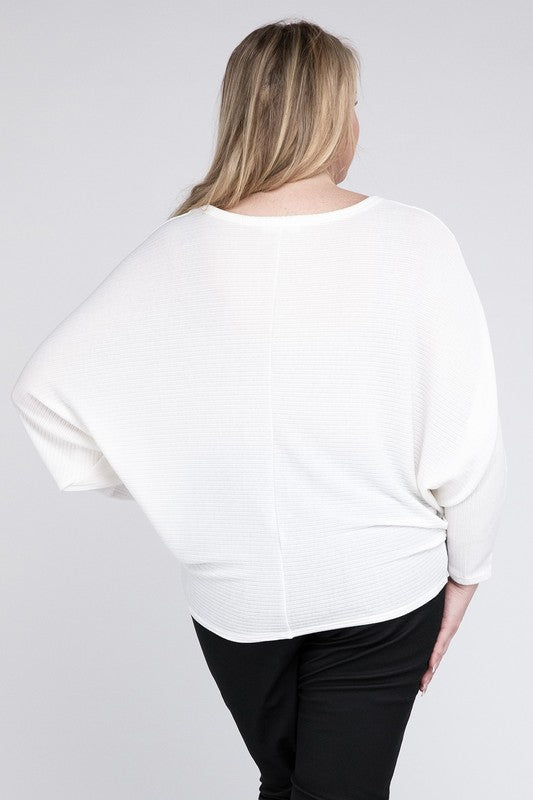 Plus Ribbed Batwing Long Sleeve Boat Neck Sweater - Zenana