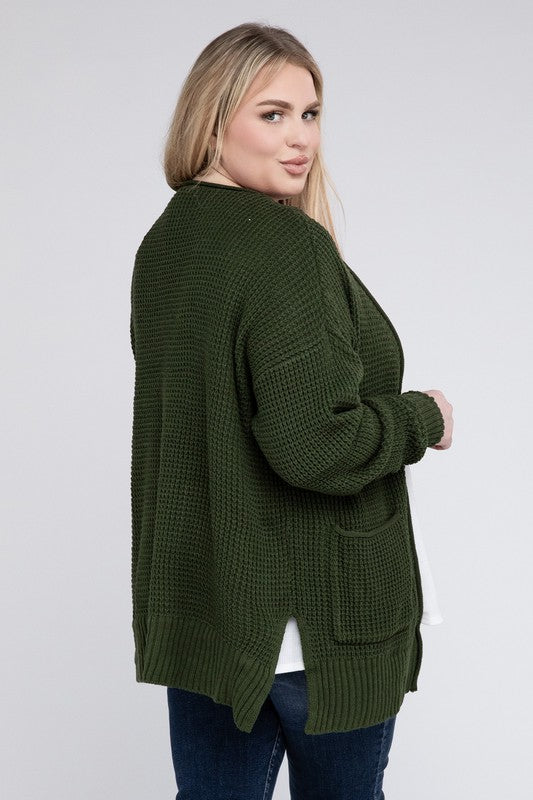 Plus Low Gauge Waffle Open Cardigan Sweater - Zenana