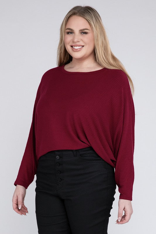 Plus Ribbed Batwing Long Sleeve Boat Neck Sweater - Zenana