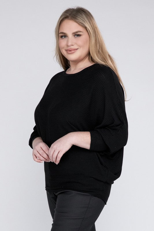 Plus Ribbed Batwing Long Sleeve Boat Neck Sweater - Zenana