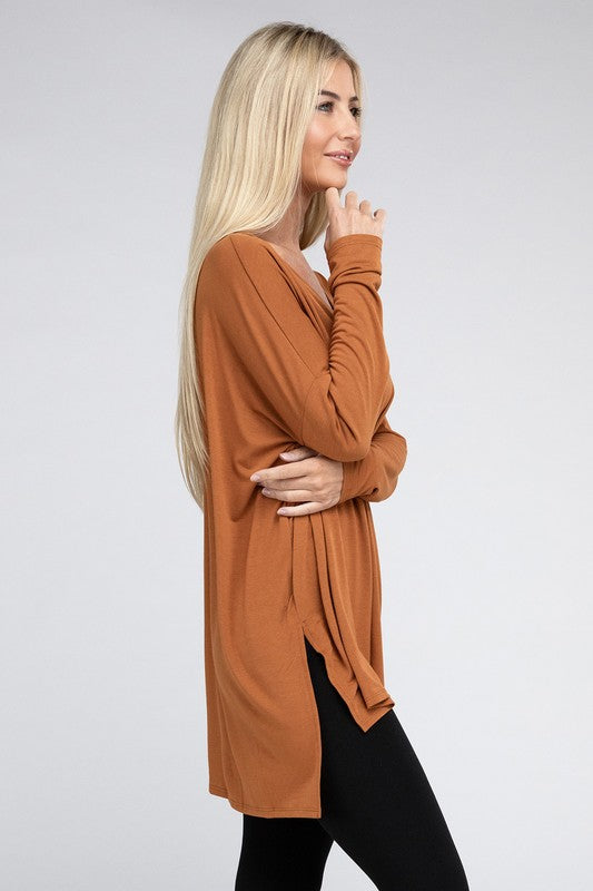Dolman Long Sleeve V-Neck Side Slit Hi-Low Hem Top - Zenana