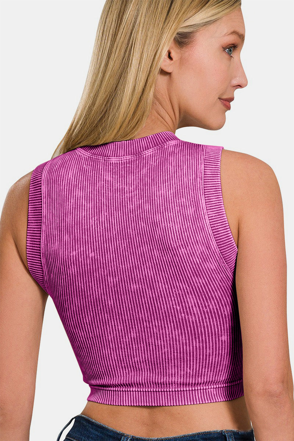 Zenana Washed Ribbed Seamless Crop Tank with Bra Pad - Lt Plum
