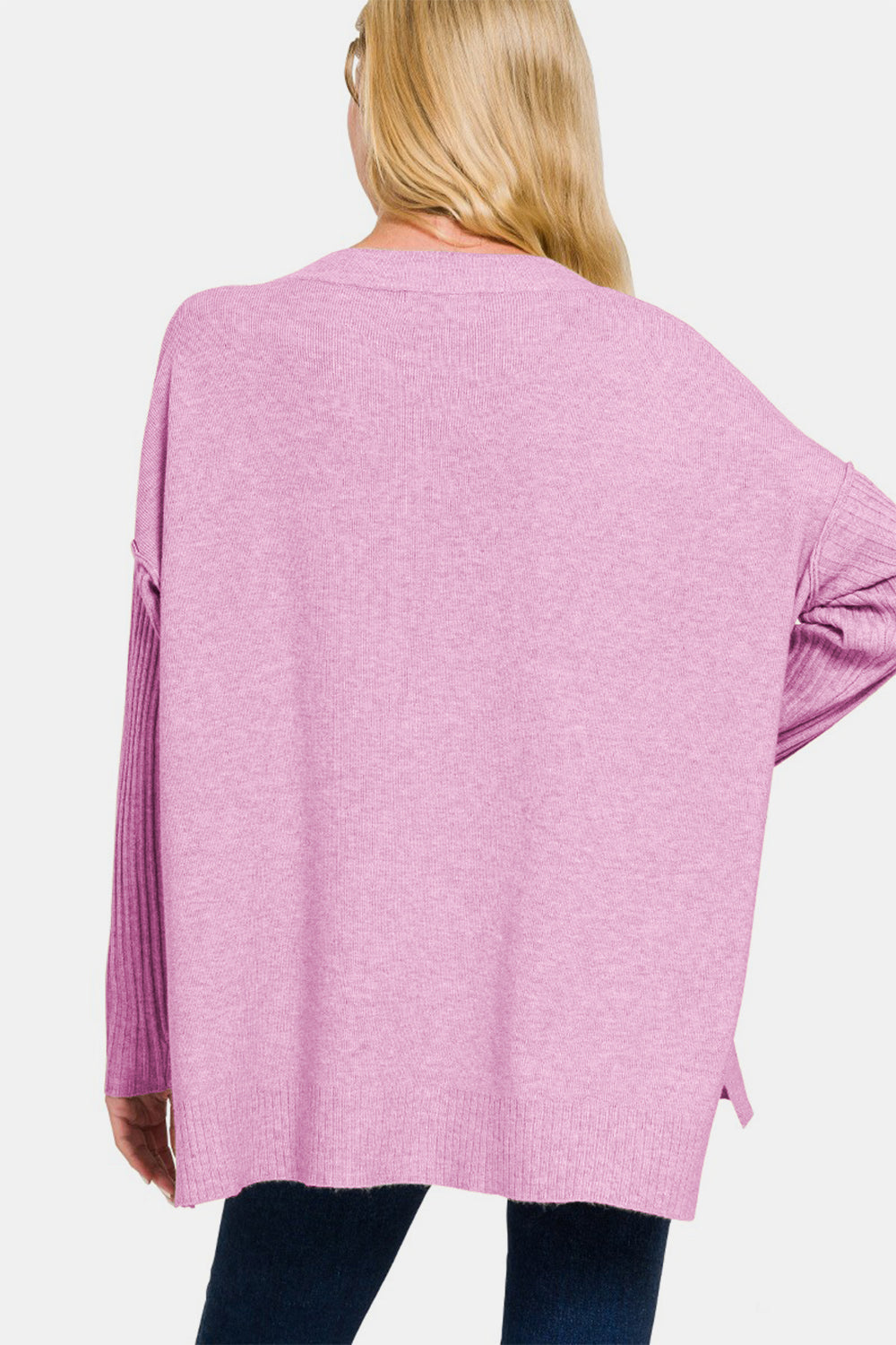 Zenana V-Neck Side Slit High-Low Sweater - Mauve