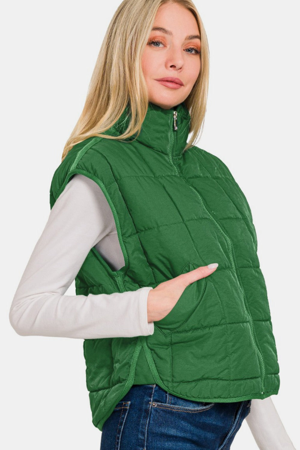 Zenana Zip Up Cropped Puffer Vest with Pockets - Green