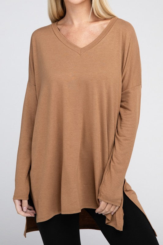 Dolman Long Sleeve V-Neck Side Slit Hi-Low Hem Top - Zenana