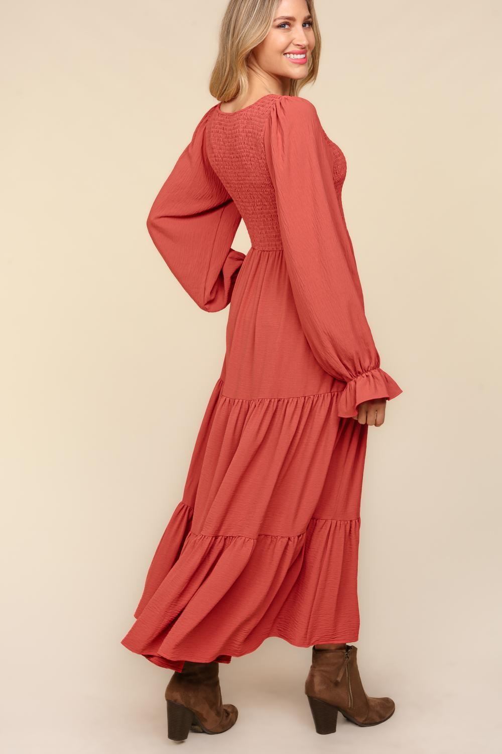 Smocking Maxi Woven Dress with Side Pockets in Marsala - Haptics