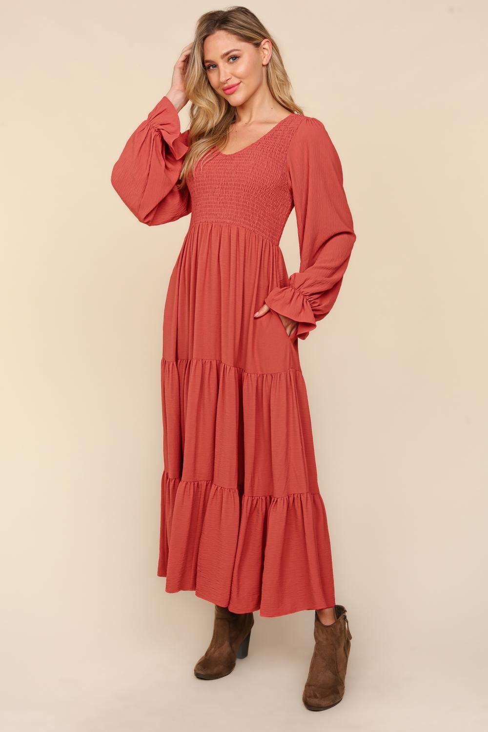 Smocking Maxi Woven Dress with Side Pockets in Marsala - Haptics