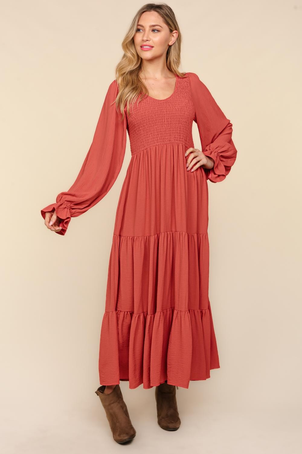 Smocking Maxi Woven Dress with Side Pockets in Marsala - Haptics