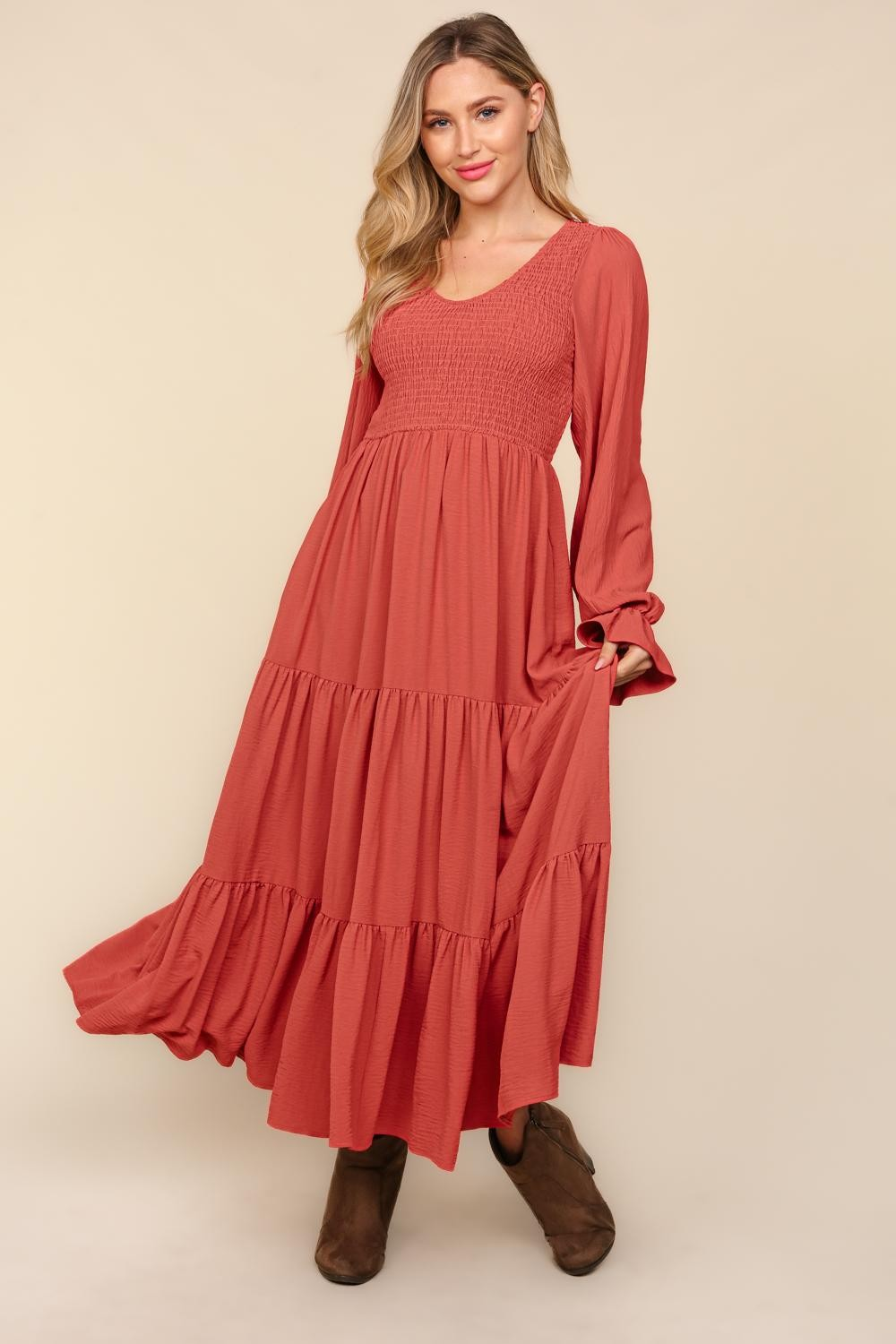 Smocking Maxi Woven Dress with Side Pockets in Marsala - Haptics