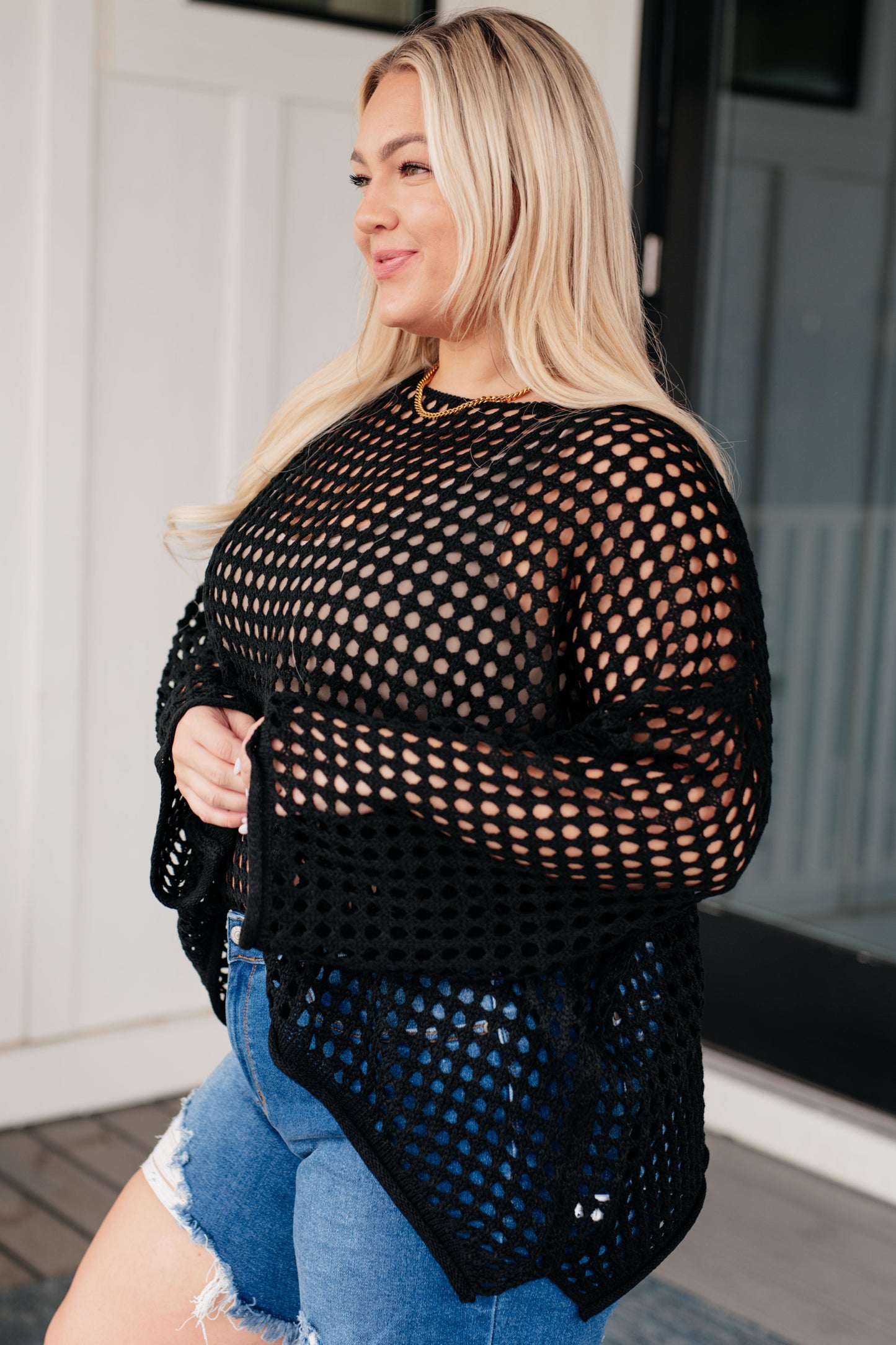 Ask Anyway Fishnet Sweater - White Birch