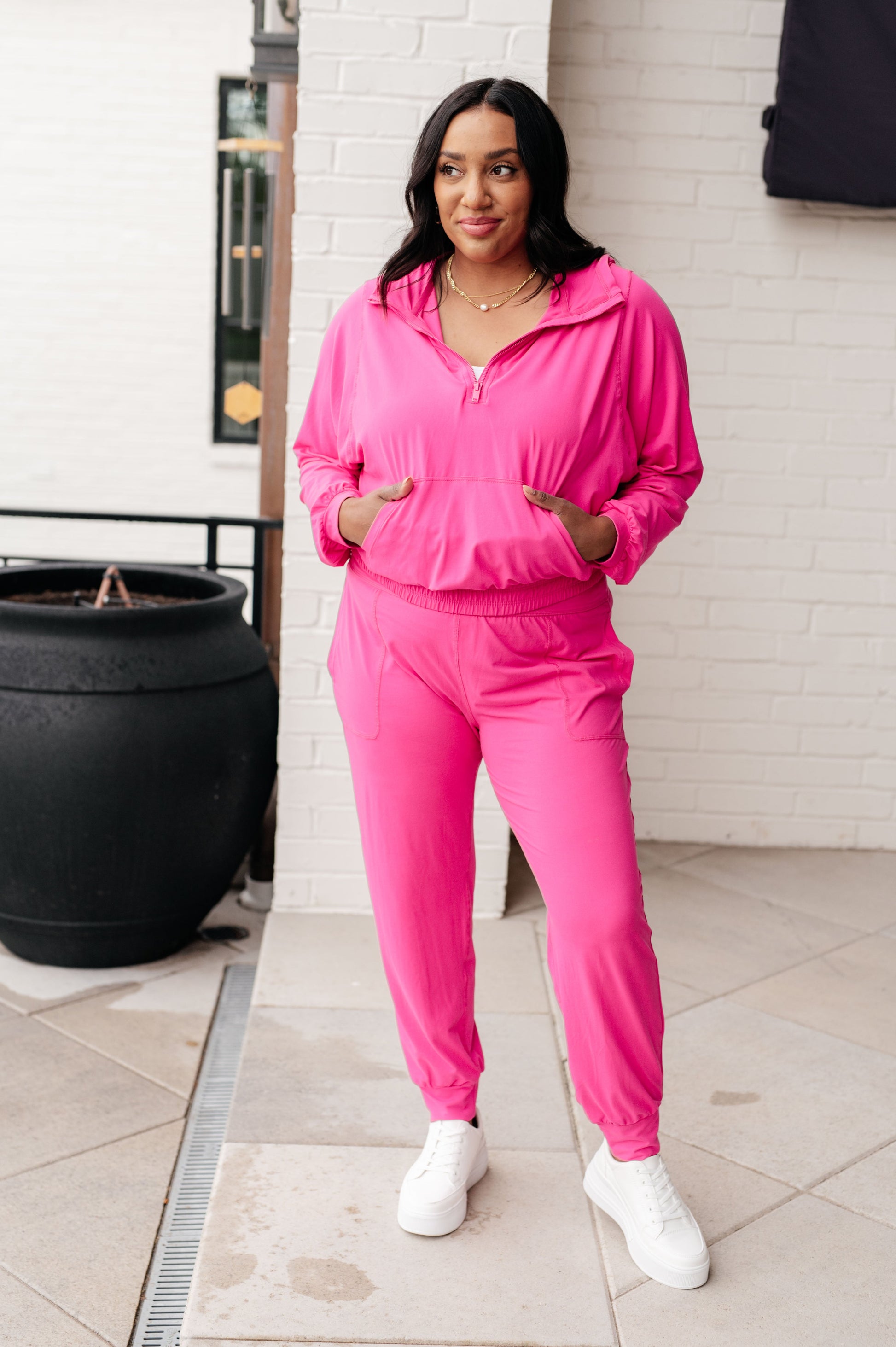 Morning Run Half Zip Hoodie in Sonic Pink - Rae Mode