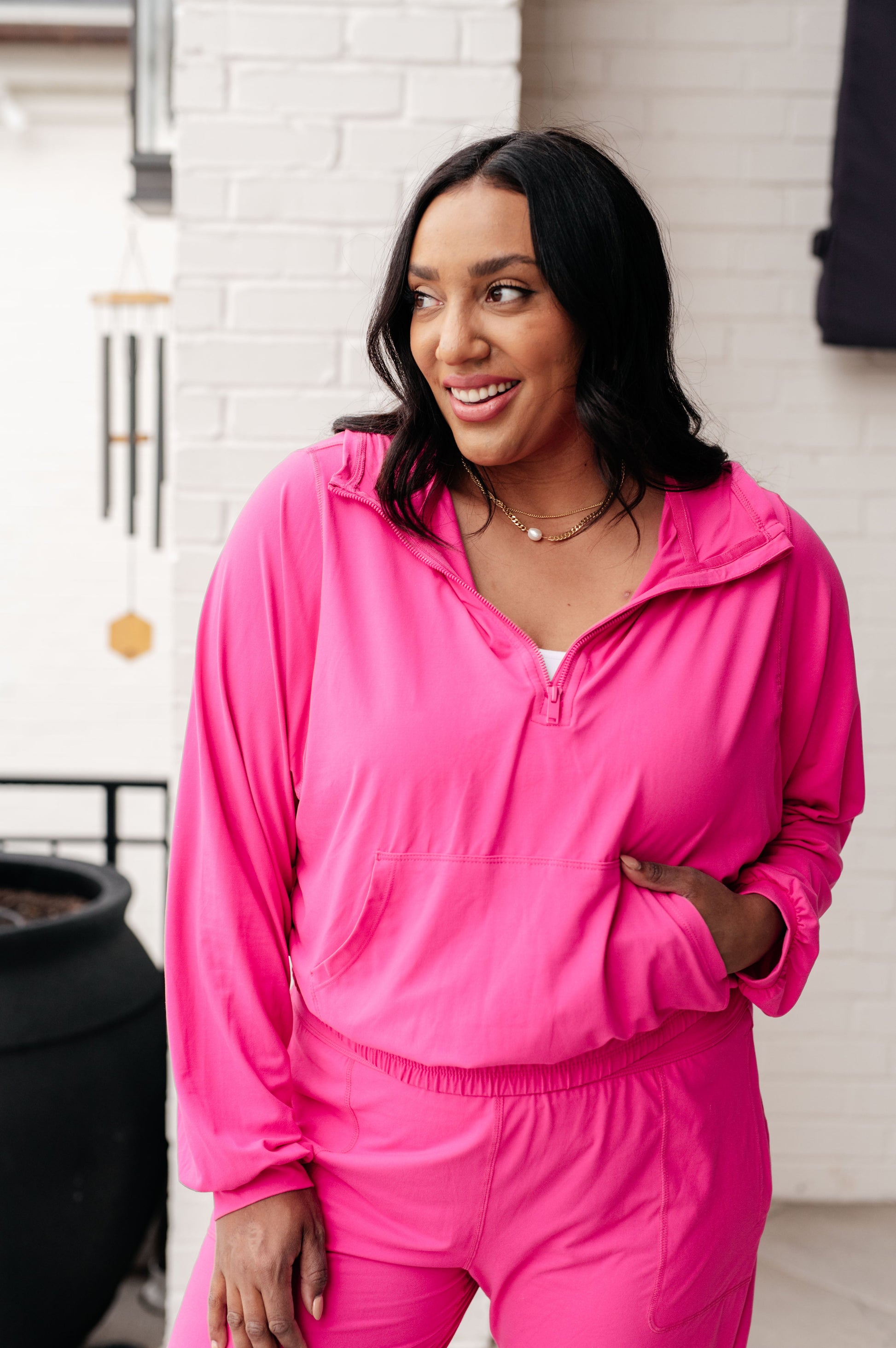 Morning Run Half Zip Hoodie in Sonic Pink - Rae Mode