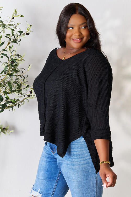 Zenana Round Neck High-Low Slit Knit Top - Black