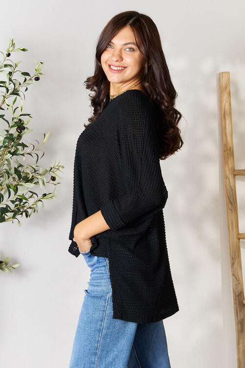 Zenana Round Neck High-Low Slit Knit Top - Black