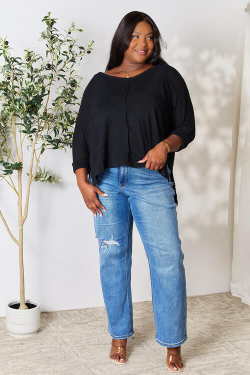 Zenana Round Neck High-Low Slit Knit Top - Black