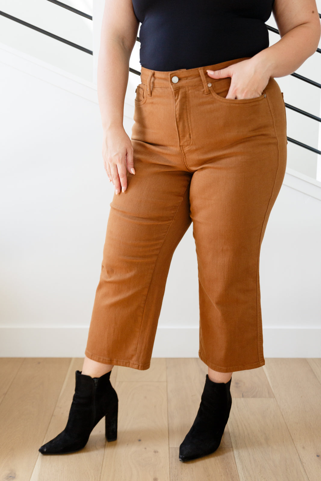 Briar High Rise Control Top Wide Leg Crop Jeans in Camel - Judy Blue