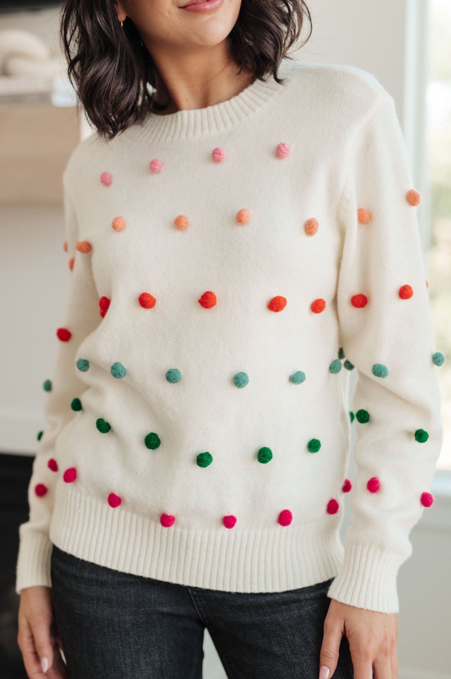 Candy Buttons Pom Detail Sweater - Jodifl
