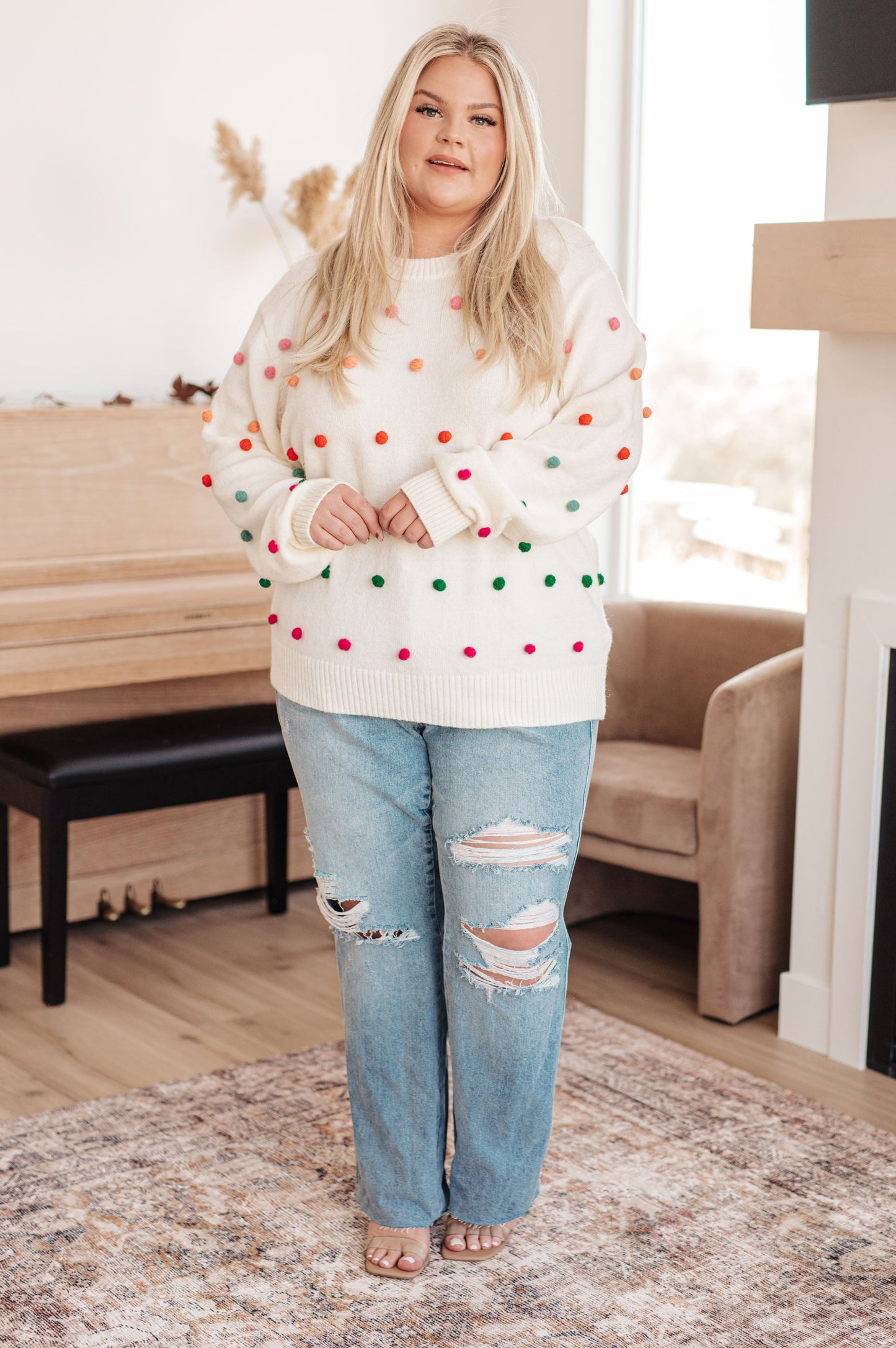 Candy Buttons Pom Detail Sweater - Jodifl