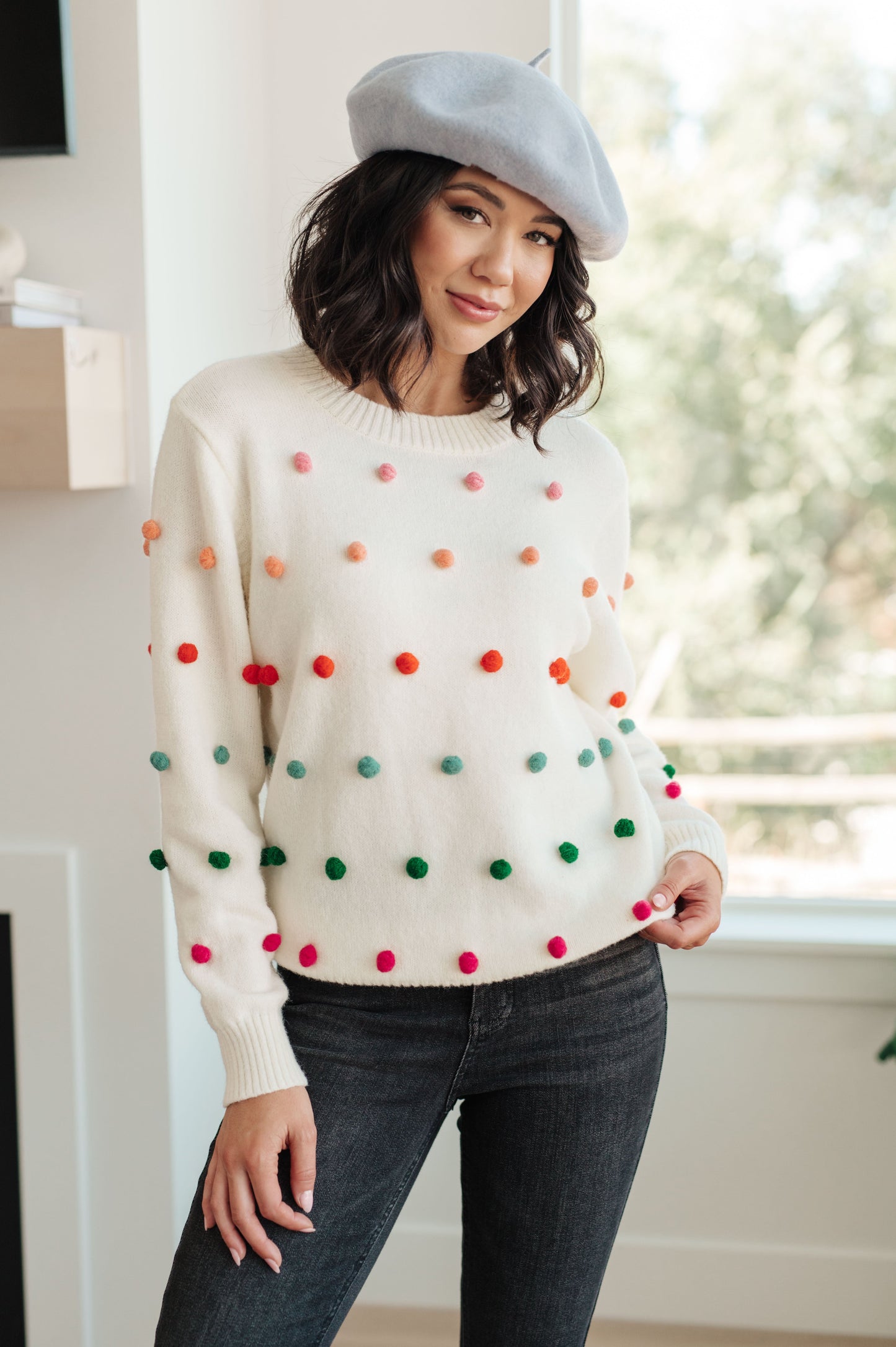 Candy Buttons Pom Detail Sweater - Jodifl