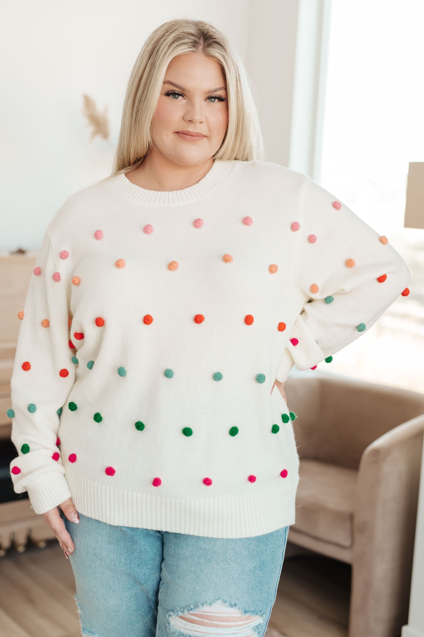 Candy Buttons Pom Detail Sweater - Jodifl