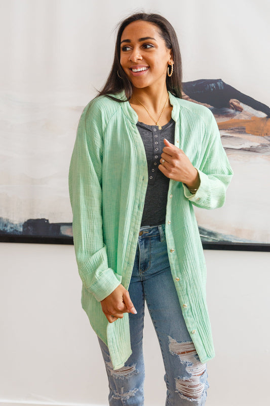 Corey Button Up Top In Vintage Green - White Birch