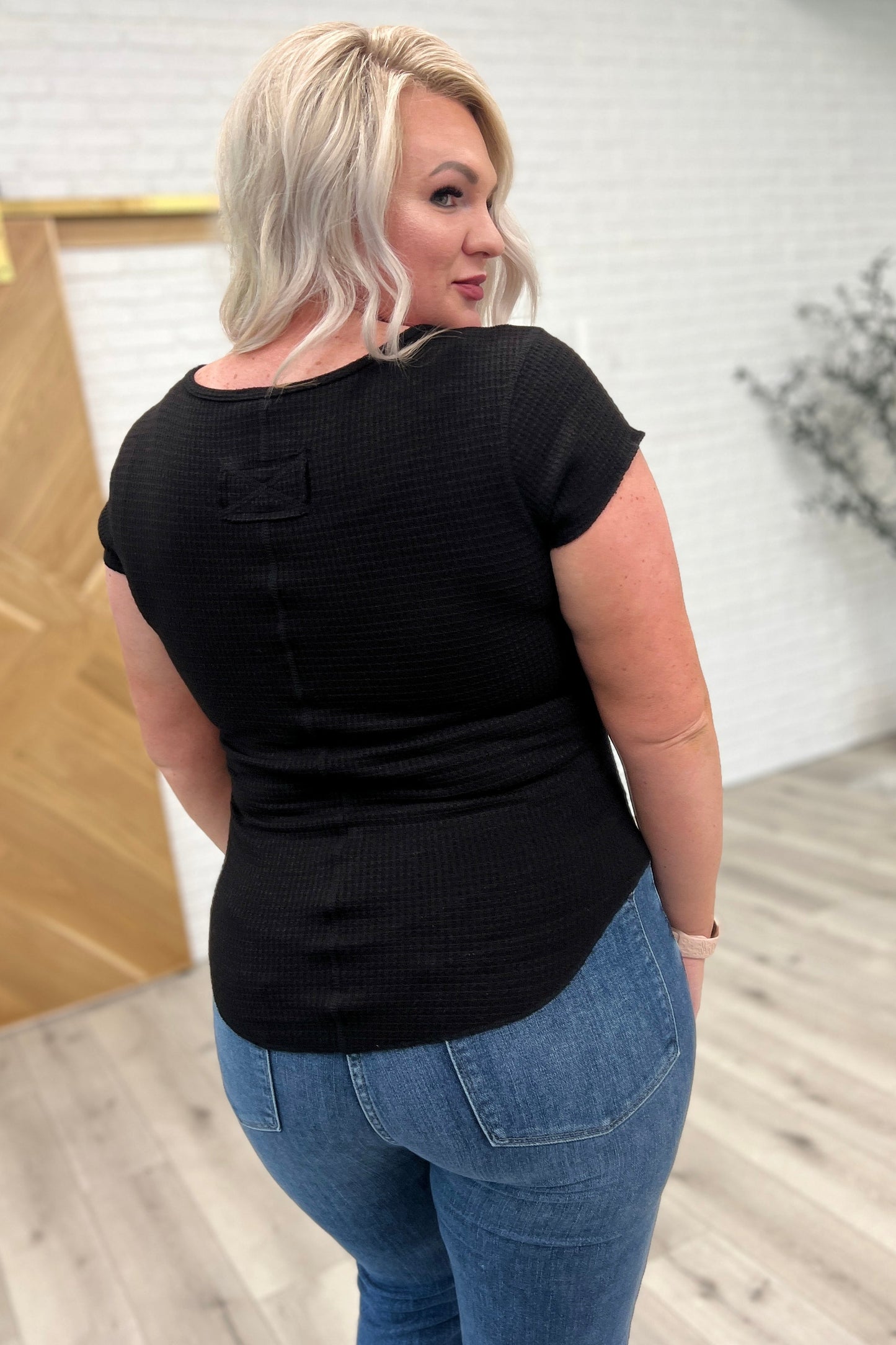 Baby Waffle Cap Sleeve Henley in Black - Zenana