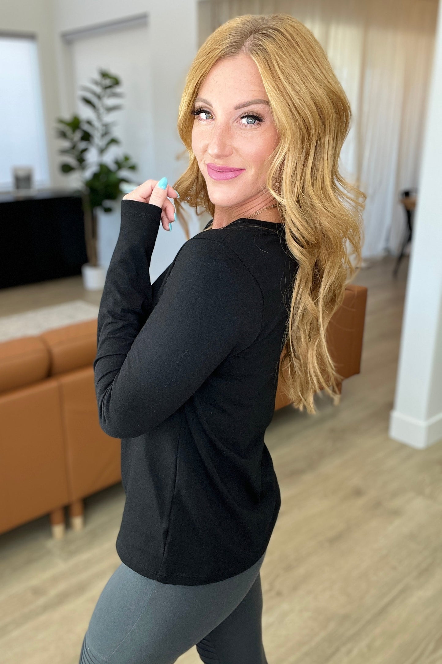 Relaxed Fit Long Sleeve V-Neck Top in Black - Zenana