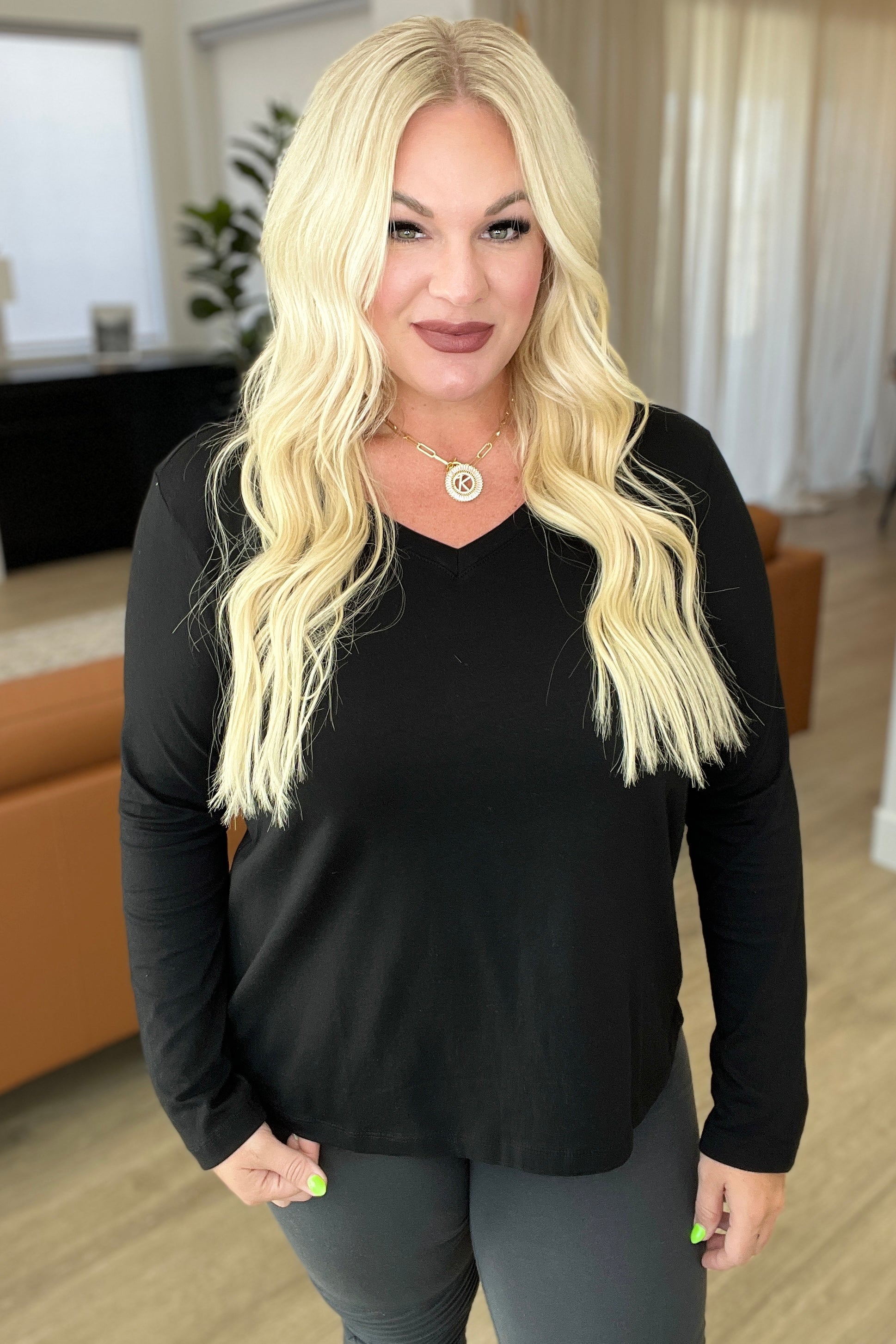 Relaxed Fit Long Sleeve V-Neck Top in Black - Zenana