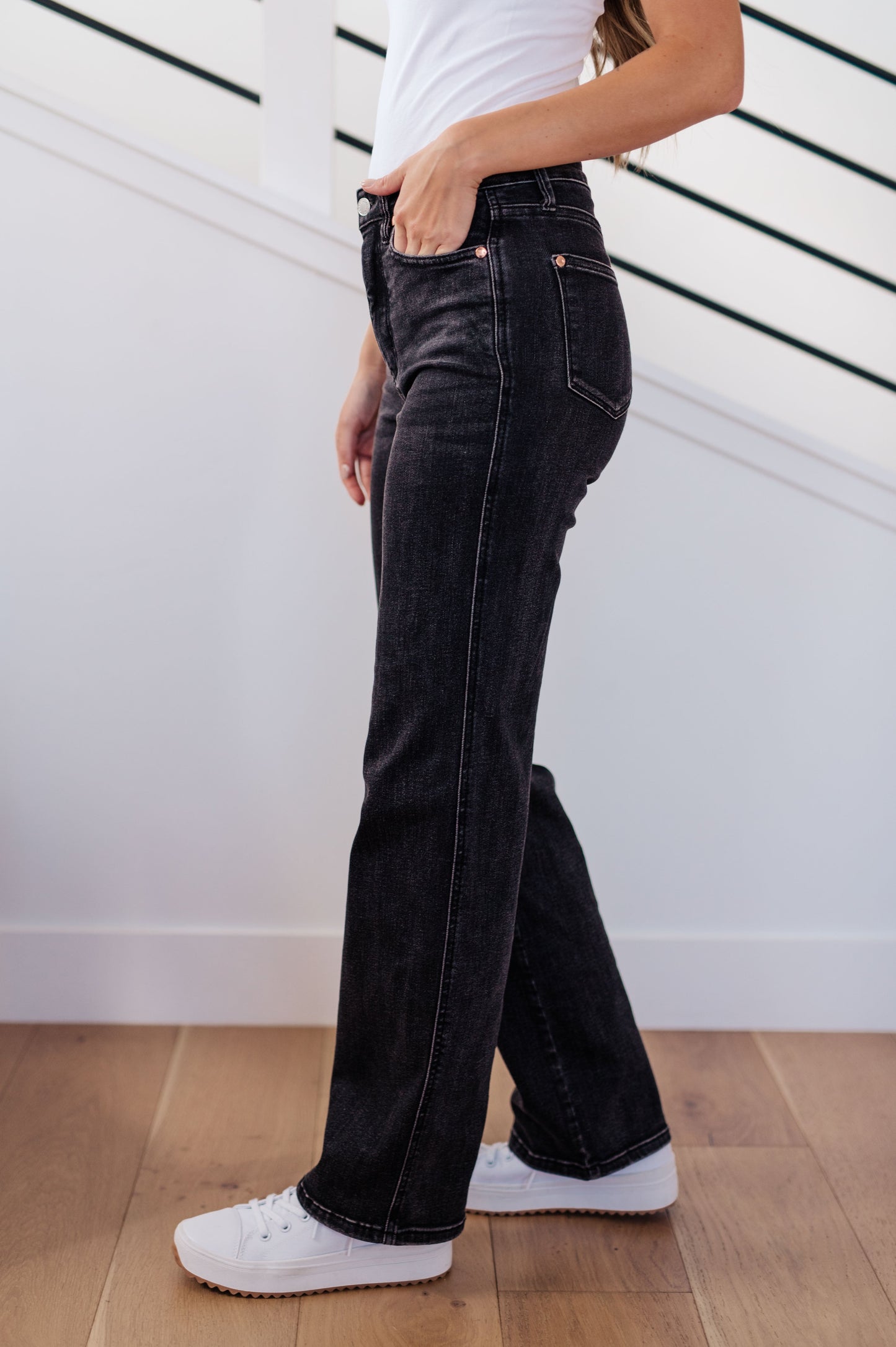 Joan High Rise Control Top Straight Jeans in Washed Black - Judy Blue