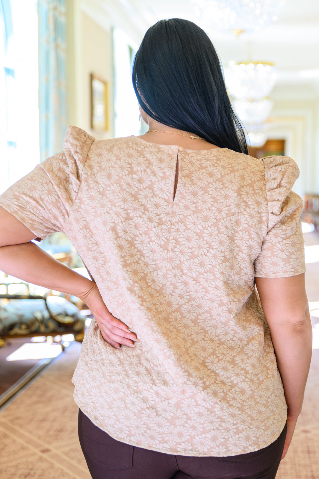 Mittoshop Kelsi Jacquard Puff Sleeve Top In Tan