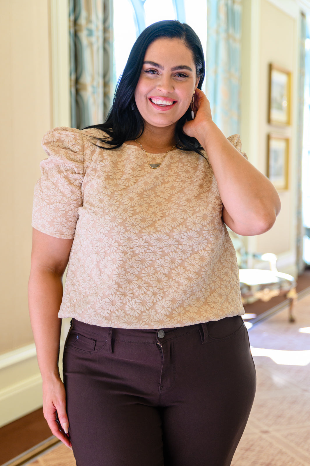 Mittoshop Kelsi Jacquard Puff Sleeve Top In Tan