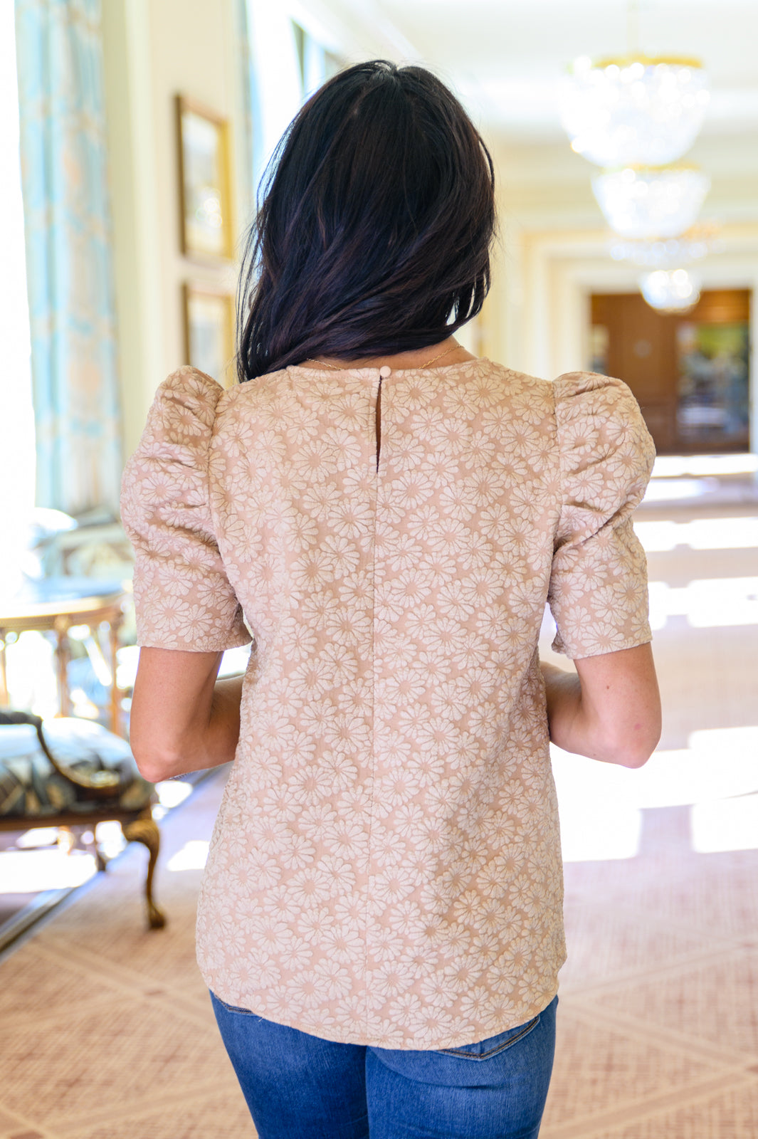 Mittoshop Kelsi Jacquard Puff Sleeve Top In Tan