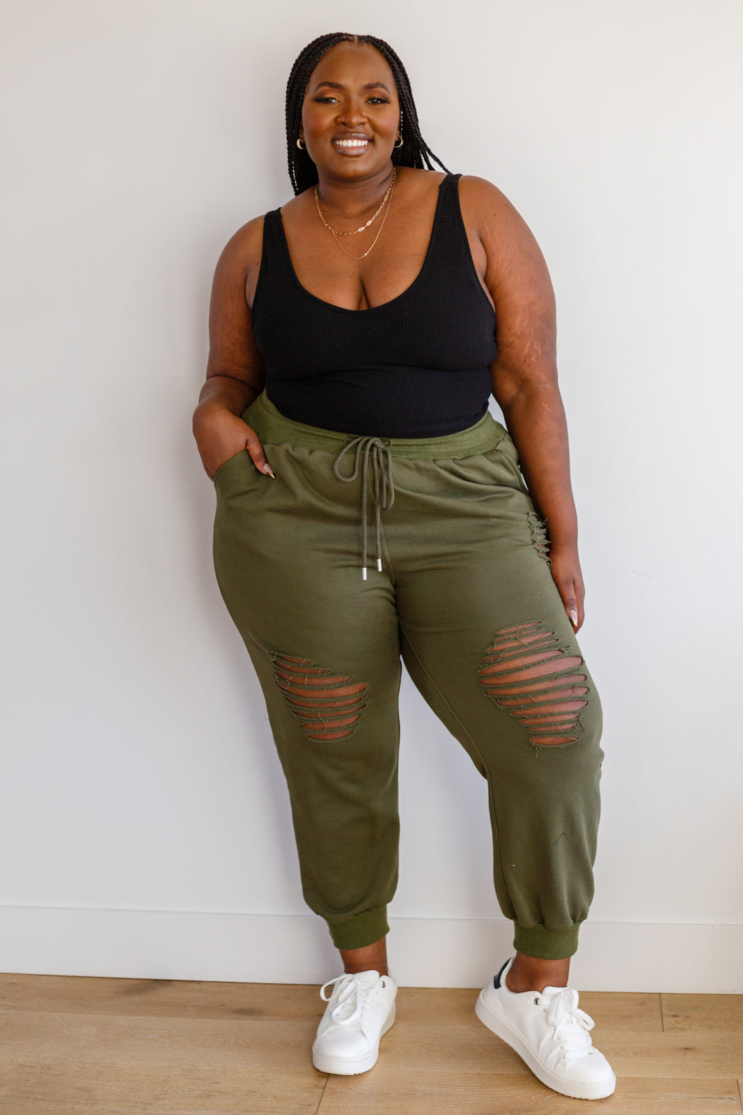 Kick Back Distressed Joggers in Olive - White Birch