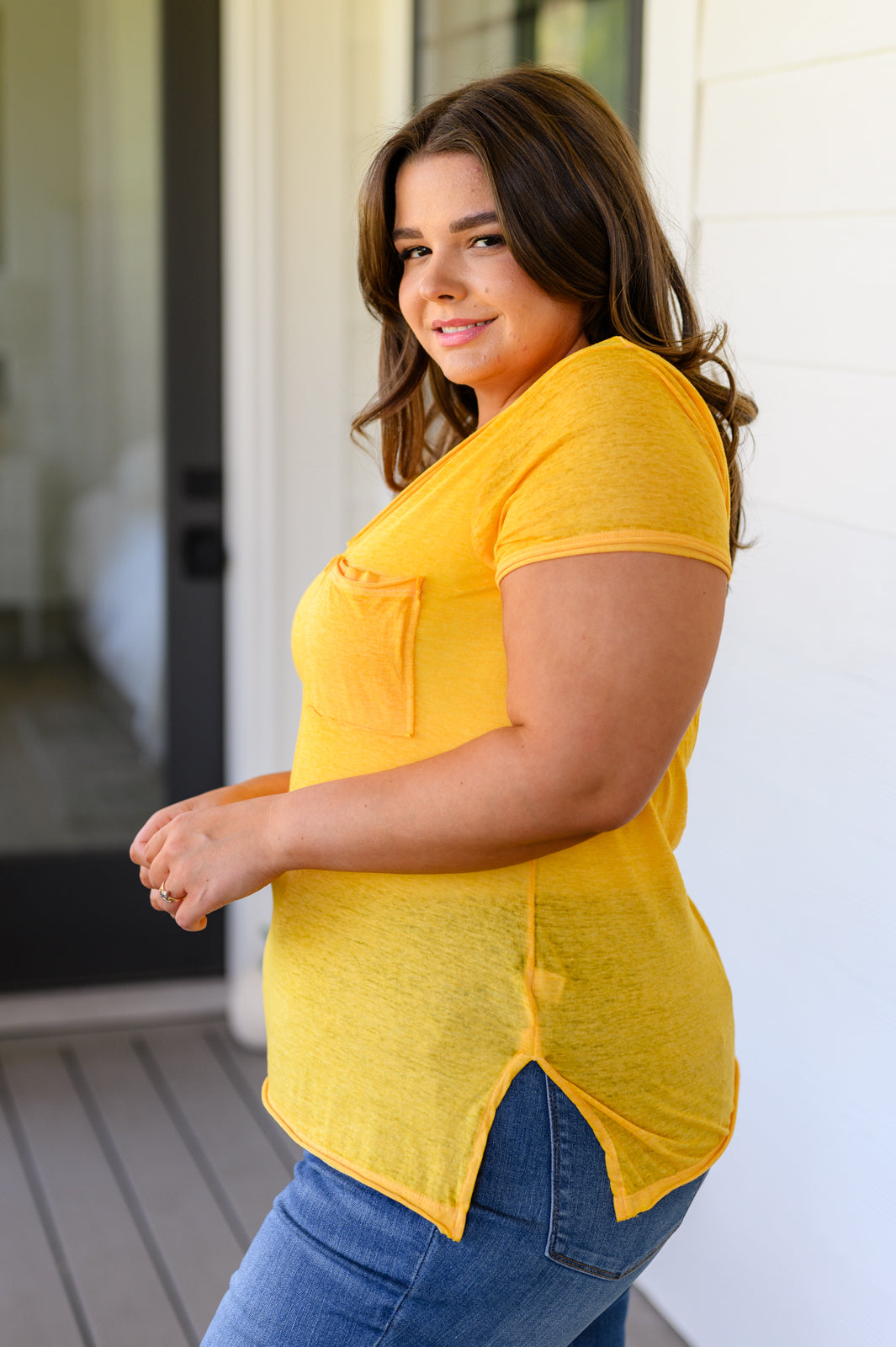 Melange Burnout V-Neck T-Shirt in Yellow Gold - Zenana