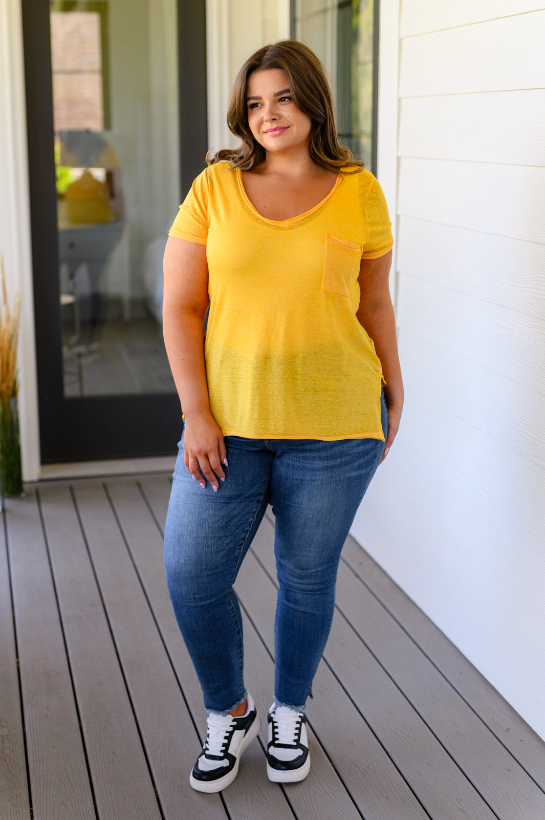 Melange Burnout V-Neck T-Shirt in Yellow Gold - Zenana