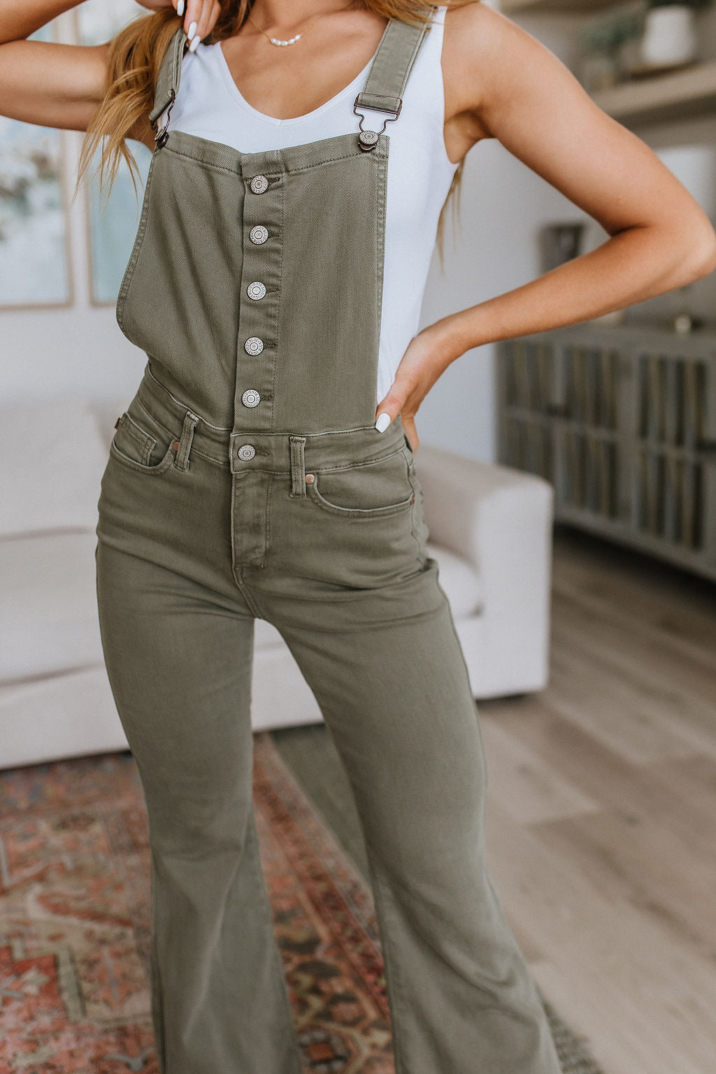 Olivia Control Top Release Hem Overalls in Olive - Judy Blue
