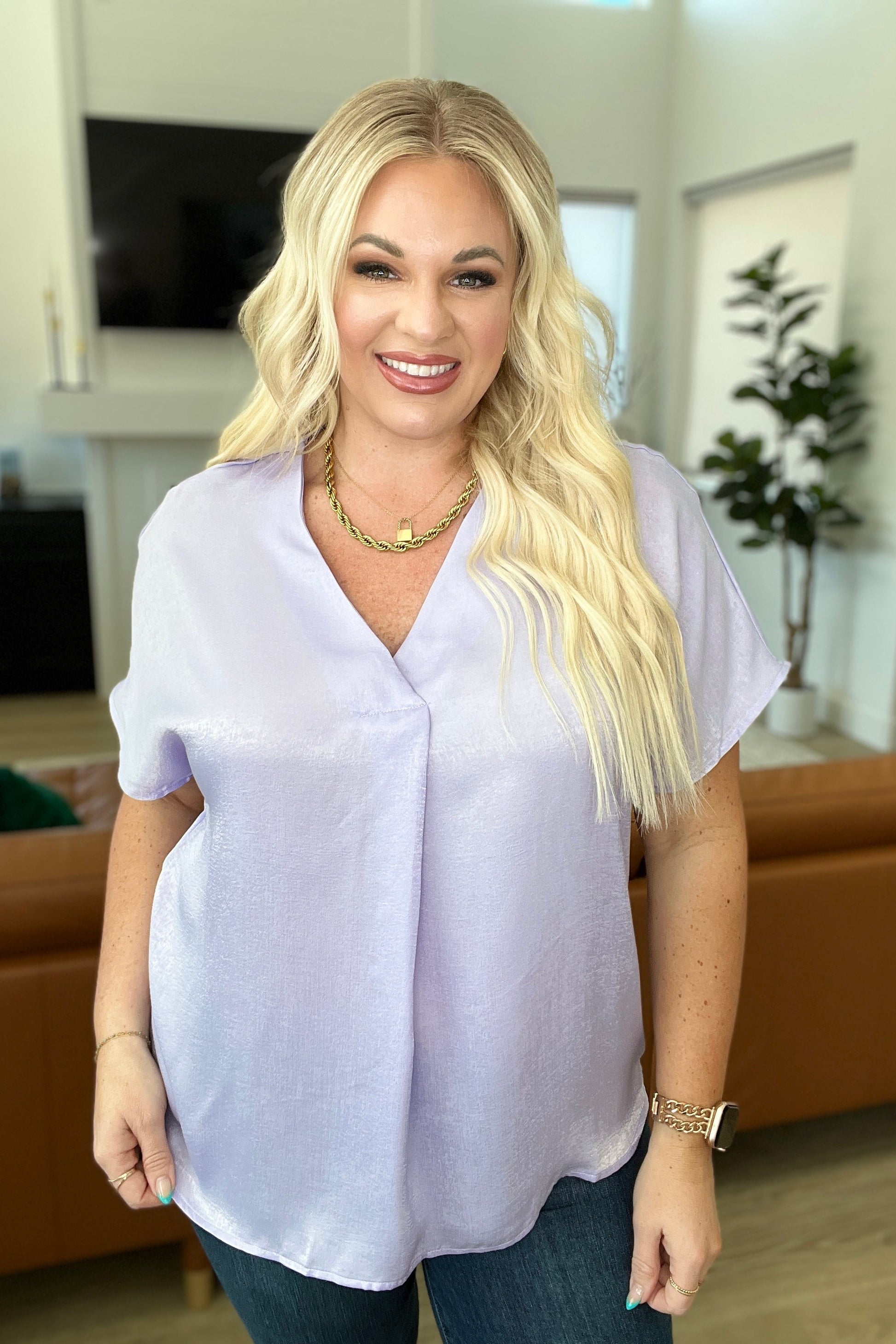 Satin Pleat Front V-Neck Top in Lavender - Andree By Unit