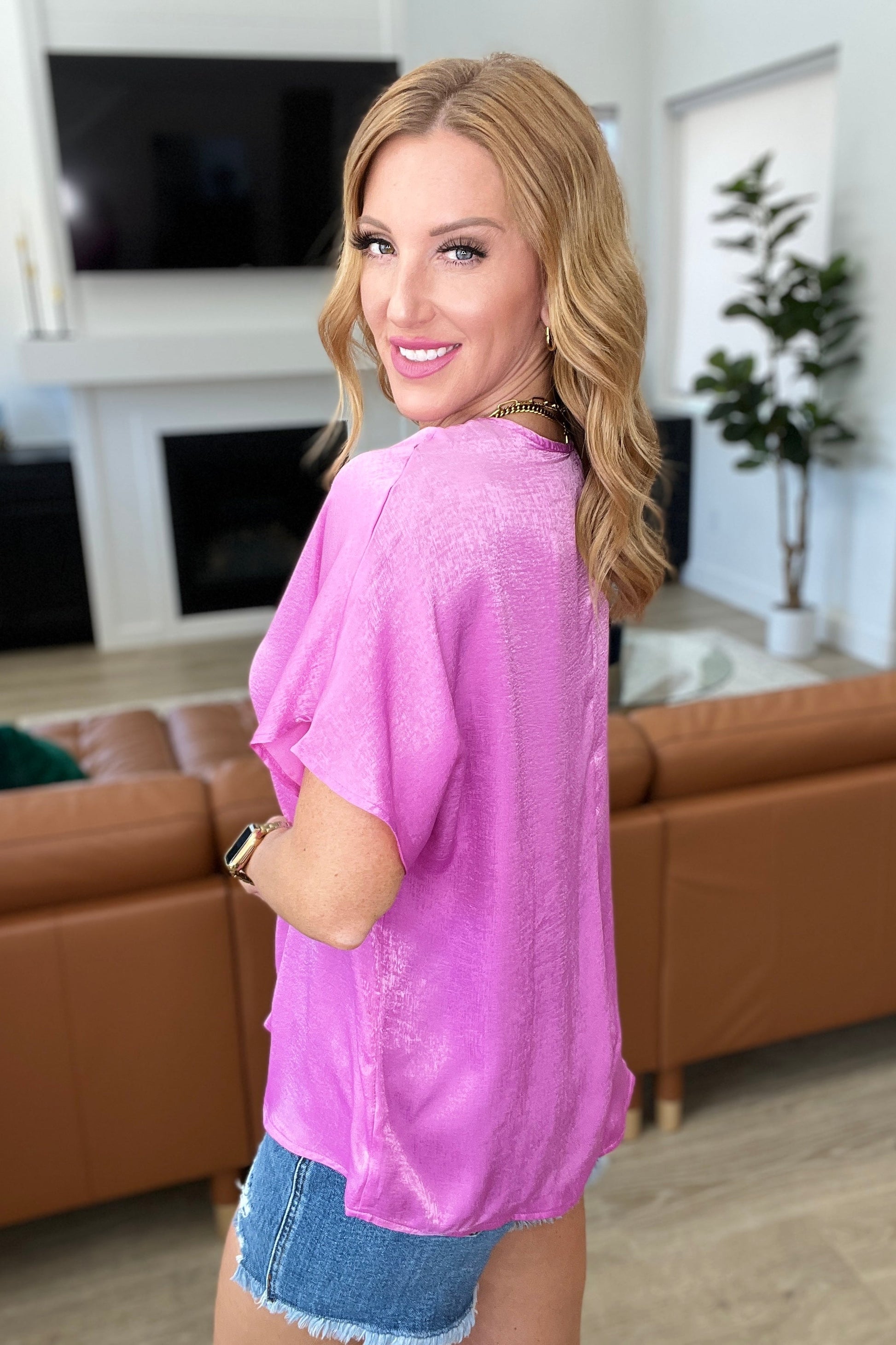 Satin Pleat Front V-Neck Top in Spring Orchid - Andree By Unit